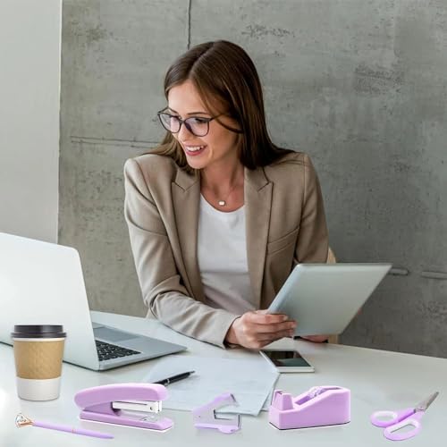 Image of Purple Desk Accessories, Pink Office Supplies Set with Stapler, Tape Dispenser, Staple Remover, Pen Holder, Scissor, Binder /Paper Clips, Ballpoint Pen, Clear Tape and 1000pcs Staples