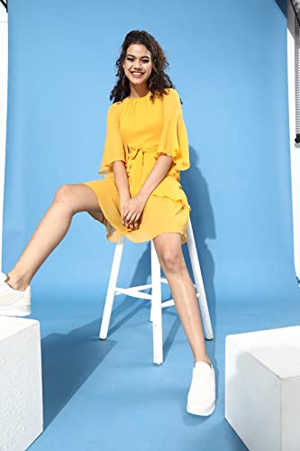 Image of Miss Chase Women's Round Neck Ruffled Sleeve Solid Ruffled Midi Dress