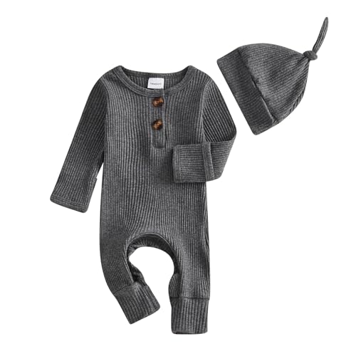 Image of aporake Neutral Baby Clothes Newborn Girl Boy Coming Home From Hospital Outfit Cute Ribbed Knit One-Piece Romper Jumpsuit Hat