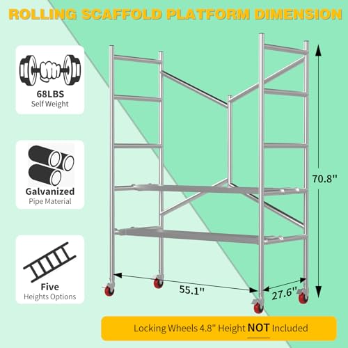 Scaffolding Work Platform, Rolling Scaffolding with Wheels, Scaffold for Building Construction, Interior Painting, Home Improvement（71.0" Height, 500LBS Capacity, Silver)