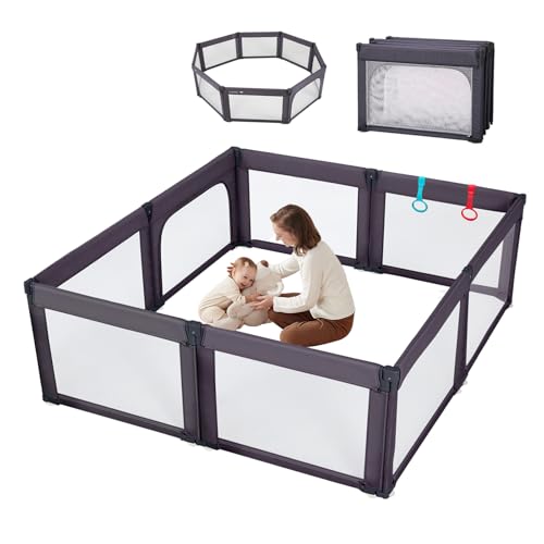 Image of Foldable Baby Playpen, Shape & Size Adjustable Playpen for Toddler, 79x71 Large Play Pens Safety Mesh Foldable Playard for Babies, Portable Baby Fence Play Area Kids Play Pen, Dark Grey