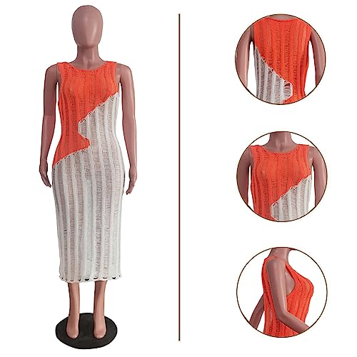 Recious Womens Sexy Sleeveless O Neck Knitted Colorblock Bodycon Party Clubwear Beach Cover Up Dress4