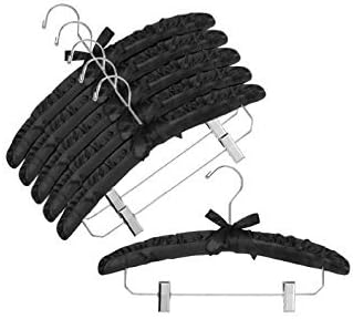 Only Hangers Perchas acolchadas de satén negro con gancho cromado y clips, paquete de (6) perchas