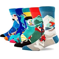 5 Pairs - Sports Themed - Skiing Snowboarding Outdoor Hiking Sailing & Kayaking Swimming Scuba Diver Ocean Adventure Pattern Socks