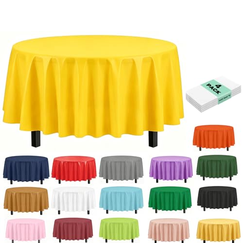 Image of 4Pack Plastic Yellow Party Tablecloths for Round Table, 84 inch Large Round Disposable Table Cover for Party, Decorative Paper Tablecloth Bulk for Picnic, Baby Shower, Wedding, Birthday, Christmas