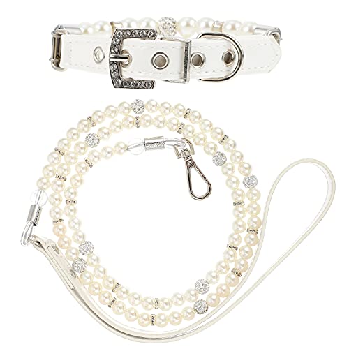 HOMOCONO Juego de Collar y Correa Cómodo para Cachorros en Paseos al Aire Libre para Perro Ajustable Perlas Falsas de Cuero PU Pack de 2 Piezas Blanco
