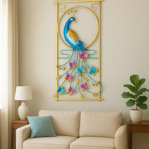 Image of PEDEX - Metal Peacock Leaf Wall Art Handcrafted Multicolor Wall Hanging Decor for Living Room, Bedroom, Office, Hotel - Modern Home Decoration Frame (Each Size 22x42 inch)