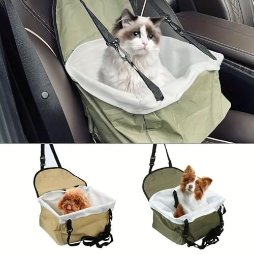 Assento de Carro para Pets, Cadeirinha de Transporte para Cães e Gatos, 35 x 25 x 19 cm, Verde e Beg