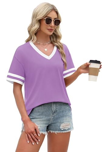 Image of WIHOLL Womens T Shirts Loose Fit Short Sleeve Tees V Neck Color Block Summer Tops 2026 Fashion S-4XL