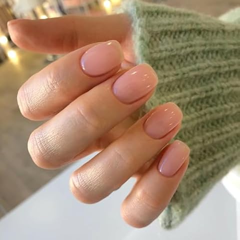 Press On Nails Short, Solid Dark Color Fake Nails Short Square Medium Shape, Stick on Nails Glue on Nails False Nails on 24PCs (Nude, Short) Cover