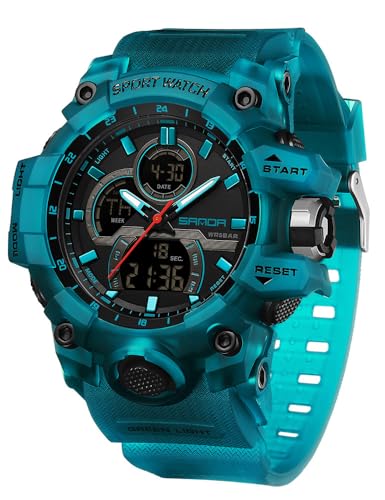 FANMIS Men's Solar Powered Casual Quartz Wrist Watch Analog Digital Multifunctional Black Sports Watch (Z Turquoise Blue)