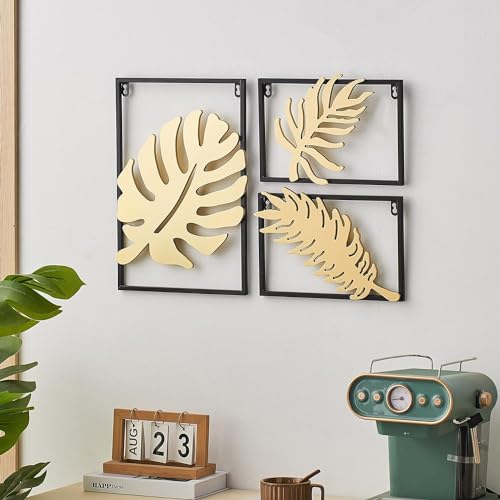 Image of SHREE 'O' GREEN TECH Gold Metal Wall Decor Leaf Wall Hanging Decoration, Set of 3 Metal Wall Art Home Decor for Living Room Office Bedroom Hotel (Design -1)