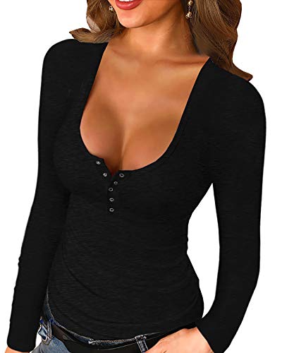 Womens Scoop Neck Henley Sweatshirts Low Cut Solid Sexy Fall Long Sleeve Button Down Shirts Black