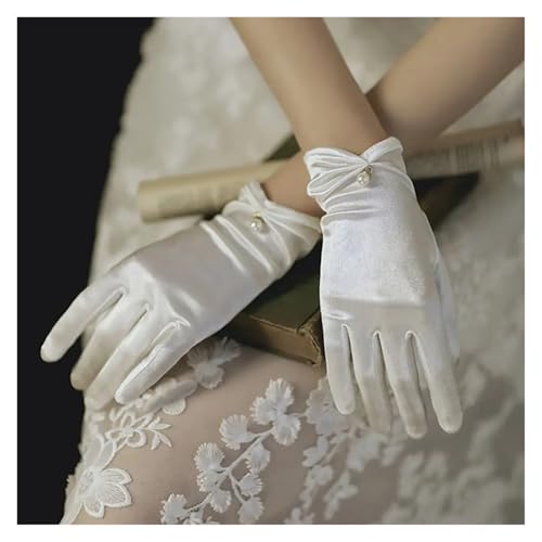 Guantes de boda para mujer de satén blanco cortos con perlas 2