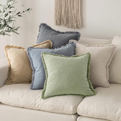 Image of MIULEE Linen Fringe Decorative Lumbar Throw Pillow Covers Sage Green 12x20
