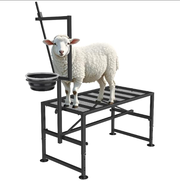Goat Milking Stand with Removable Feed Bin 600LB Heavy Duty Goat Stand for Hoof Trimming & Grooming Adjustable Livestock Stanchion for Goats & Sheep Black