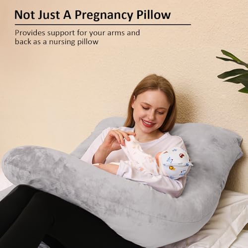 Image of Chilling Home Memory Foam Pregnancy Pillow, J Shape Pregnancy Pillows for Sleeping, Body Pillow for Adults, Maternity Pillow for Pregnant Women, with Velvet Removable Cover, Light Grey
