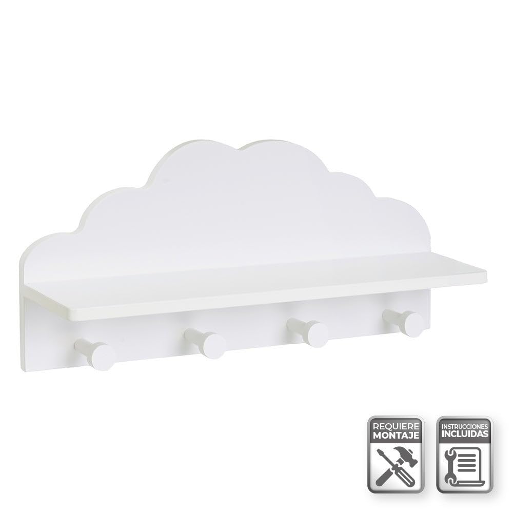 LOLAhome Appendiabiti da parete per bambini design nuvola bianco 48 cm 4 ganci