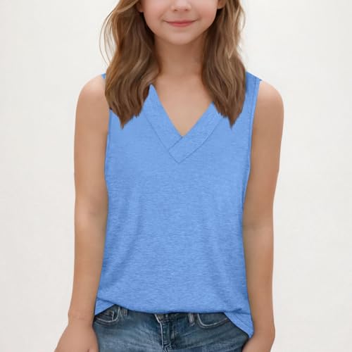 Girls Summer Shirts Basic Solid V Neck Sleeveless Tank Tops Loose Fit Lightweight Casual Tee Blouses Teen Girl Shirts3