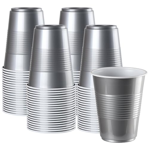 QIHUANKJ Disposable Plastic Cups Colored Disposable Cups 16 Ounce Plastic Party Cups Strong and Sturdy Disposable Cups for Party Wedding Christmas Halloween Party Cup 100 Pack (Silver 16OZ)