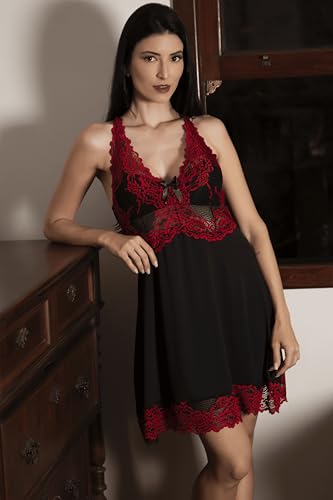 Camisola Sexy Sensual Intima Lingerie Dormir Renda Luxo Camisão Feminina Noite (Preto, G)