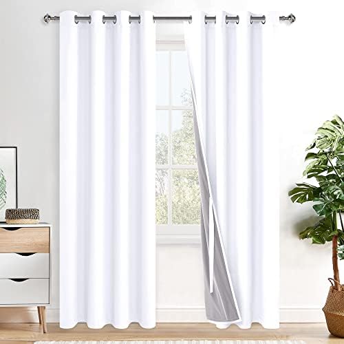 XWZO 100% Blackout Curtains 2 Panels with Tiebacks- Heat and Full Light Blocking Window Treatment with Black Liner for Bedroom/Nursery, Grommet Top, White, W52 x L84 Inches Long, Set of 2