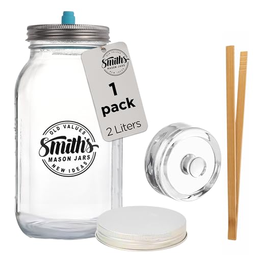 Smiths Mason Jars 1-Pack 2L Fermentación Tarros de vidrio transparente con pinza de madera, pesos y 2pcs Tapas - Ideal para la noche a la mañana avena, Kimchi almacenamiento y encurtidos
