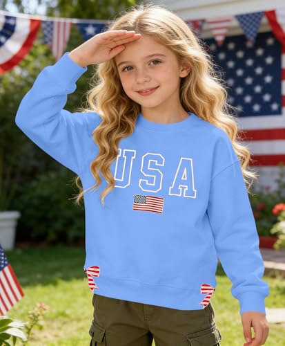 Image of Ithalt Kids USA Sweatshirt Boys Girls 4th of July Shirt American Patriotic Pullover with Embroidered Side Slits 5-14y