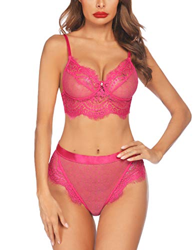 Avidlove Women's Plus Size Lingerie Set for Women Two Piece Babydoll Lace Bra and Panty Set Underwear Set Rose Red