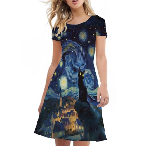 Image of HUGS IDEA Womens Puffy Swing Midi Dress Round Neck Short Sleeve Party A-Line Dresses