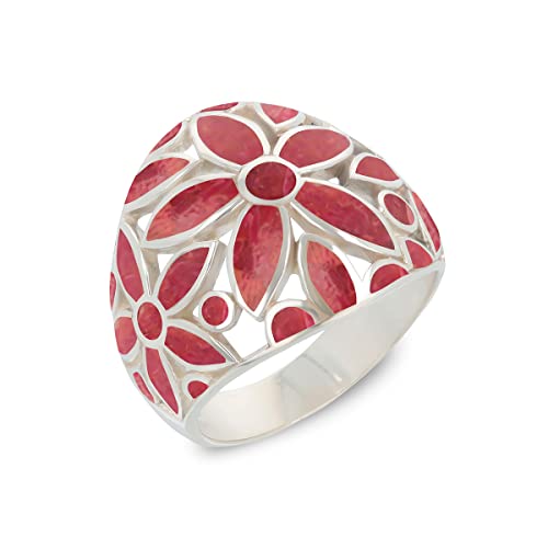 Bague corail fleurs argent massif femme rhodié chic bague anneau tendance