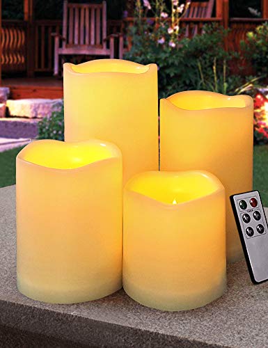 HOME MOST Set of 4 Outdoor Pillar Candles with Timer Waterproof - Battery