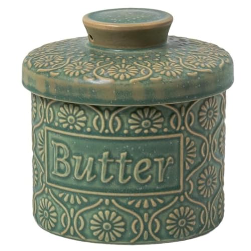 Butter Crock for Counter with Water, Ceramic French Butter Crock with lid for Countertop, Dishwasher&Oven Safe, Keeps Butter Soft&Spreadable, Dark Green, 6.7 OZ