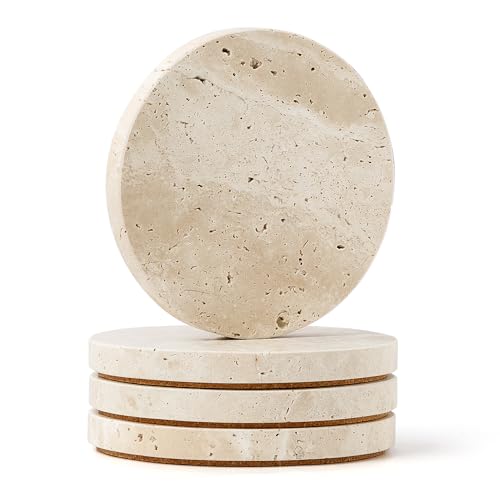 WORHE Natural Travertine Marble Coasters Set of 4-4" Round Stone Drink Coasters, Non-Slip Cork Backing, Housewarming Gift, Wedding, Protect Tables from Stains & Scratches (BD140) by WORHE - Used condition - US$24.46