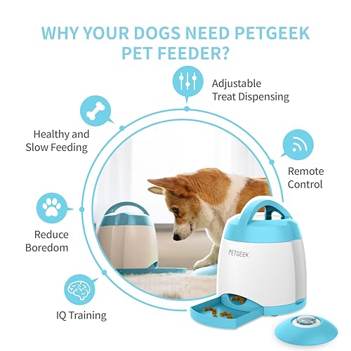 PETGEEK Dog Treat Dispenser with Button, Automatic Dog Feeder with Remote Control and Dual Power Supply, Dogs Puzzle Toys and Interactive Pet Stimulation Toys for Indoor/Outdoor Play (Blue) - Thumbnail 2