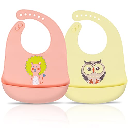 ABirdon 2 Pcs Babero Silicona Bebé, Impermeable Fácil de Limpiar Lavable 6 Tamaños Ajustables Baberos de Alimentación Suave con Recolector Alimentos para Bebé Niño o Niña