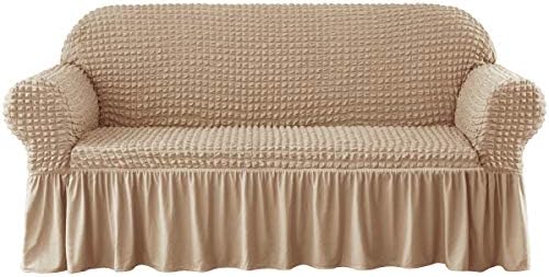 CHUN YI 1-Piece Universal Sofa Cover Stretch with skirt, Furniture Protector for Couch cover 1 seater, Washable High Elastic Durable Seersucker Fabric (Loveseat, Royal Blue)