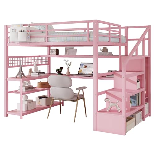 KEIKI Full Size Loft Bed with Storage Shelves & Wardrobe, Heavy Duty Tall Loft Beds Frame, Metal Loft Bed with Staircase, Desk, Lights and Charge Station, No Box Spring Required, Easy Assembly, Pink by KEIKI - Used condition - Image 8