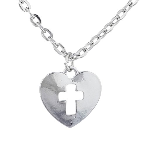 LUX ACCESSORIES Silver Tone Heart Cut Out Cross Religious Charm Pendant Necklace