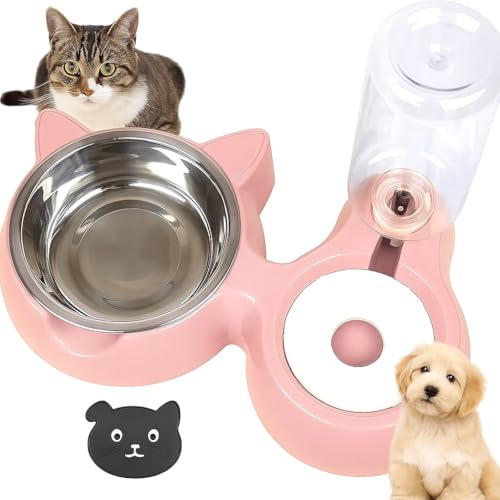 KRESHU 2 in 1 Water and Food Dispenser for Dogs & Cats | Cat Feeding Bowl with Automatic Water Dispenser Steel Pet Supplies Bowl for Drinking Water Food/Rice Convenient Water Feeding All in One(Pink)