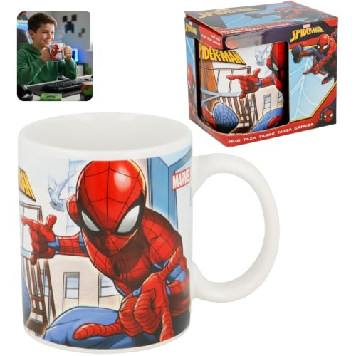 Image of HOVUK Marvel Spider-Man Ceramic Mug 325ml – Superhero Character Coffee Tea Cup with Street Action Print, Microwave Dishwasher Safe, Boxed Gift for Boys Kids Adults Fans