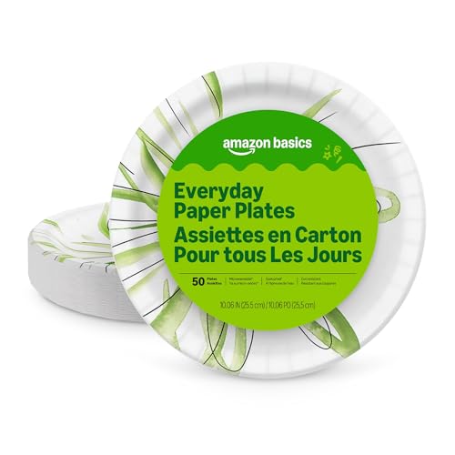 Amazon Basics Everyday Paper Plates, 10 Inch, Disposable, 50 Count, Packaging May Vary