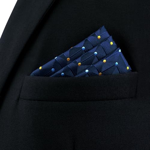Conjunto de Gravatas Masculinas Azul Marinho com Bolas Laranja para Terno Masculino com Bolso Quadra