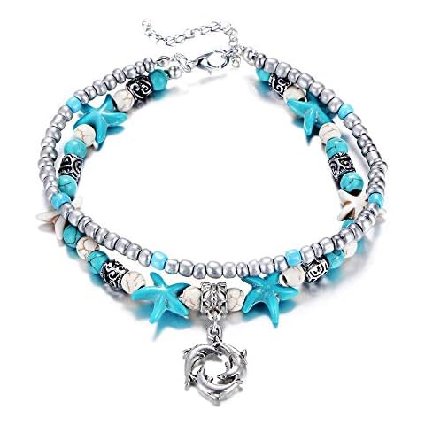 Lovogue Moon Crescent Anklet Bracelet Turquoise Multilayer Hands Tassels Foot Chain Jewelry for Women (#5) Cover
