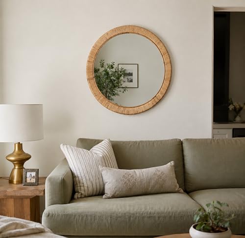 Rutledge & King Round Rattan Mirror - Boho Decorative Wall Mirror - 30" Dia.