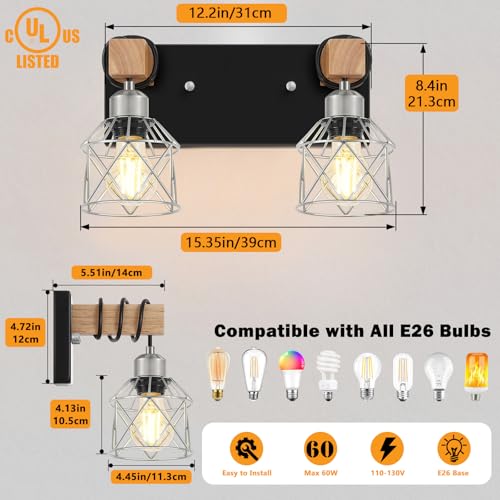 Image of FadimiKoo Farmhouse Bathroom Light Fixtures, Rustic 2-Light Wood Vanity Lights for Bathroom, Industrial Black Silver Wall Lighting with Metal Shade for Bedroom, Living Room, Hallway