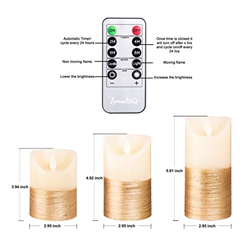 FLAMELESS-Candles-Battery-Operated-LED-Flickering-Flame-with-Remote-Timer-Amazing-Realistic-Dancing-Flame-Real-Wax-Gold-Trim-Set-of-3-Size-456-Beautiful-Gift-Idea-for-Women-and-Men