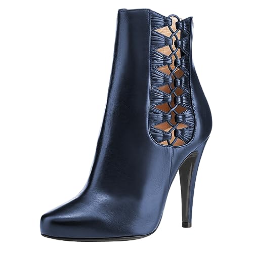 FSJ Women Cutout Ankle Boots Stiletto Heel Hollow Out Pointed Toe Pumps Bootie Back Zipper Matte Leather Unique Lady Dress Shoes Size 4-16 US
