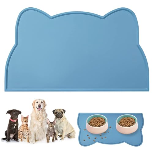 vsshe Napfunterlage für Kleine Hunde und Katze, 44 x 25 cm Napfunterlage Silikon wasserdichte und rutschfeste Silikon Fressnapf Unterlage Unterlage für Katzennapf Futtermatten (Blau)