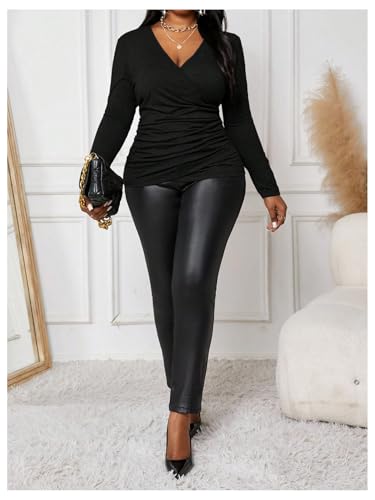 Women's Plus Size V Neck Wrap T Shirts Long Sleeve Slim Fit Ruched Tee Tops Office Work Clothes4